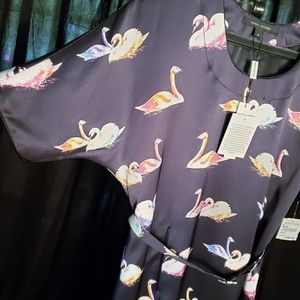 Mark Jacobs black heavy silk midi dress, size 6(4), multi color swans print